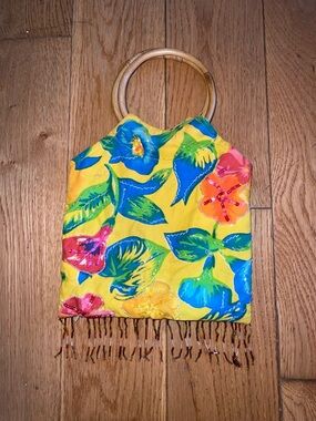 Yellow Floral Bamboo-Handle Wristlet fringe Clutch